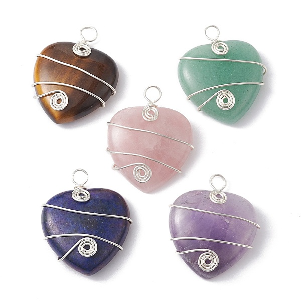

PandaHall Natural Mixed Stone Copper Wire Wrapped Pendants, Heart Charms, Long-Lasting Plated, Silver Color Plated, 37.5~39.5x31~32x9.5mm...