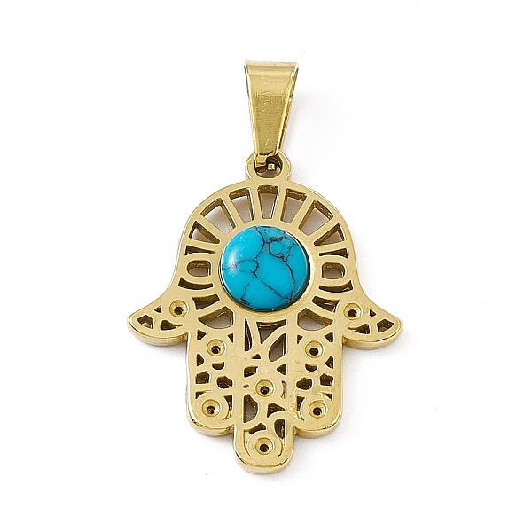 

PandaHall Synthetic Turquoise Pendants, Hamsa Hand/Hand of Miriam Charms, Religion, with Vacuum Plating 304 Stainless Steel Findings, Golden...