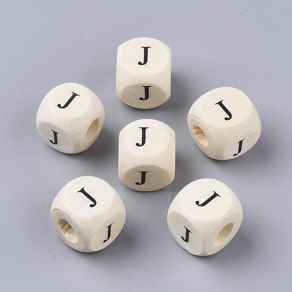 

PandaHall Printed Natural Wood Beads, Horizontal Hole, Cube with Initial Letter, PapayaWhip, Letter.J, 10x10x10mm, Hole: 3.5mm, about..., Orange