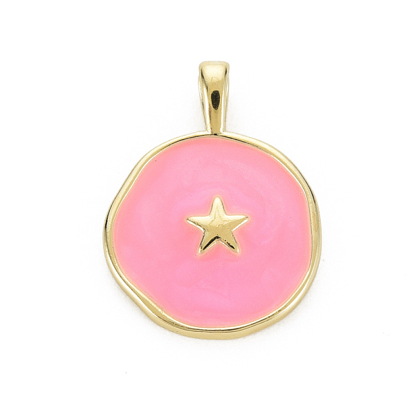 

PandaHall Brass Enamel Pendants, Cadmium Free & Nickel Free & Lead Free, Real 16K Gold Plated, Flat Round with Star, Hot Pink...