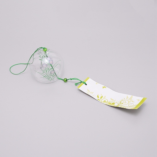 

PandaHall Japanese Round Painting Glass Wind Chimes, with Polyester Cord, Plastic Beads, Rectangle Paper Card, Flower Pattern, 400mm Glass..., Green