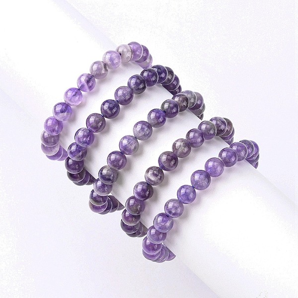 Natural Amethyst Round Beaded Stretch Bracelet, Gemstone Jewelry for Women, Violet, Inner Diameter: 2-1/8-2-1/4 inch(5.4-5.8cm), Beads: 8mm