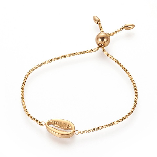 

PandaHall 304 Stainless Steel Bolo Bracelets, Slider Bracelets, with Box Chains, Cowrie Shell Shape, Golden, Single Chain Length: about...