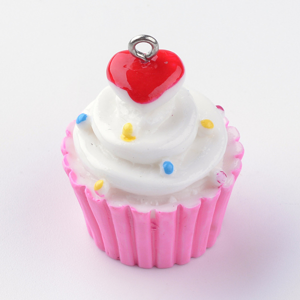 PandaHall Resin Pendants, with Iron Findings, Cup Cake, Hot Pink, 30~32x23~24mm, Hole: 2mm Iron+Resin Food Pink