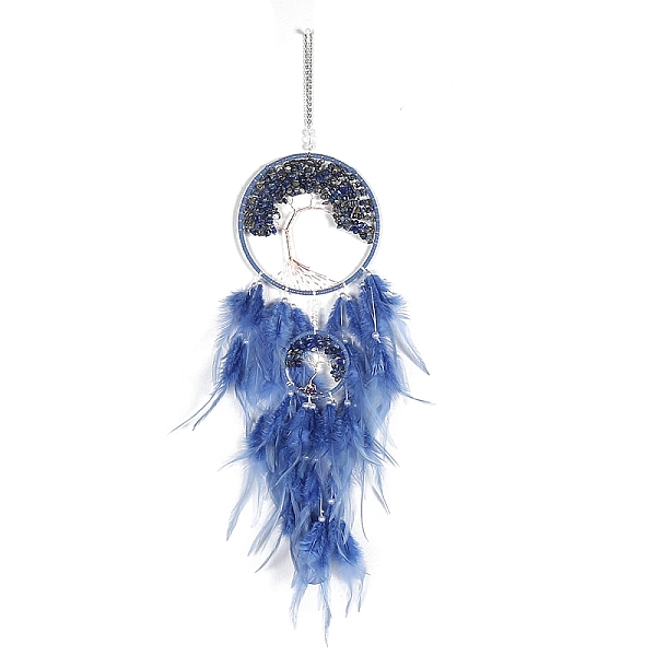 

PandaHall Retro Style Iron & Natural Lapis Lazuli Pendant Hanging Decoration, Woven Net/Web with Feather Wall Hanging Wall Decor, 160mm...