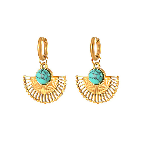 

PandaHall Golden Titanium Steel Fan Dangle Hoop Earrings, Fan: 24.4x28mm Synthetic Turquoise Fan