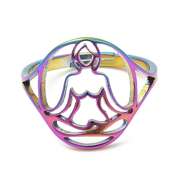 

PandaHall Ion Plating(IP) 304 Stainless Steel Holllow Human Adjustable Ring for Women, Rainbow Color, US Size 6(16.5mm) 304 Stainless Steel