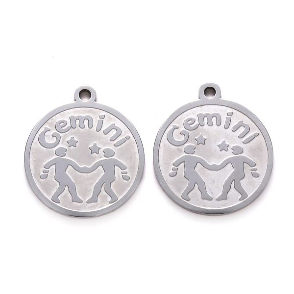 

PandaHall 201 Stainless Steel Pendants, Flat Round with Twelve Constellation, Laser Cut, Stainless Steel Color, Gemini, 25x22x1.5mm, Hole...
