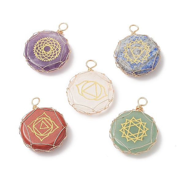 

PandaHall Copper Wire Wrapped Natural & Synthetic Mixed Stone Pendants, Chakra Flat Round Charms, Light Gold, 35x25.5x6.5mm, Hole: 4mm Mixed...