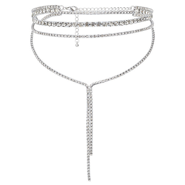 

PandaHall Fingerinspire 1Pc Iron Rhinestone Tennis Chains Bib Necklace, Platinum, 18.50 inch(47cm), Chain Extender: 110mm Iron