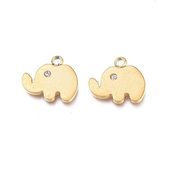 

PandaHall Ion Plating(IP) 304 Stainless Steel Charms, Manual Polishing, with Crystal Rhinestone, Elephant, Golden, 11.5x12.5x1.2mm, Hole..., Clear