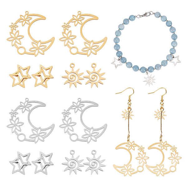 

PandaHall CHGCRAFT 12Pcs 6 Style 201 Stainless Steel Pendants, Laser Cut Pendants, Moon with Flower & Star, Mixed Color, 15~38x13~35x1mm...