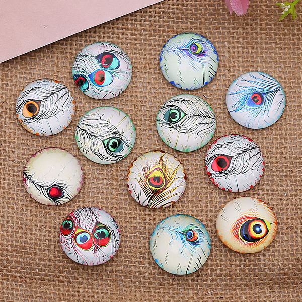 

PandaHall K5 Glass Cabochons, Random Pattern, Half Round with Peacock Feather Pattern, Mixed Color, 25mm Glass Half Round Multicolor