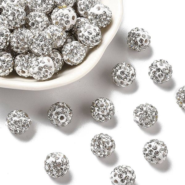 

PandaHall Pave Disco Ball Beads, Polymer Clay Rhinestone Beads, Round, Crystal, PP13(1.9~2mm), 6 Rows Rhinestone, 10mm, Hole: 1.5mm Polymer..., White