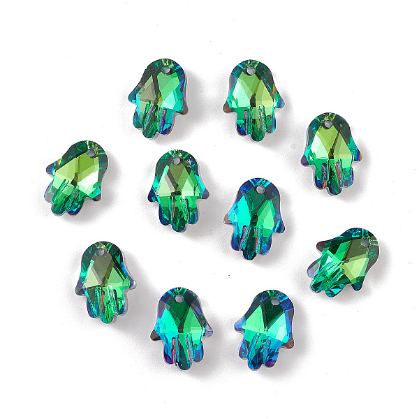 

PandaHall Electroplate Transparent Glass Pendants, Back Plated, Faceted, Hamsa Hand Charms, Green, 18x13.5x5.5mm, Hole: 1.6mm Glass Palm...
