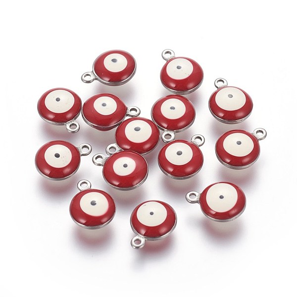 

PandaHall 304 Stainless Steel Enamel Charms, Flat Round with Evil Eye, Stainless Steel Color, Red, 11x8x3.5mm, Hole: 1.5mm Stainless...