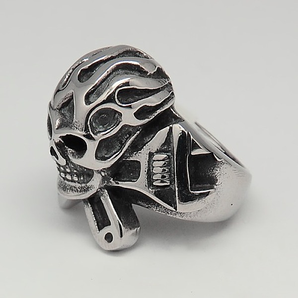 

PandaHall 304 Stainless Steel Pirate Style Skull Wide Rings, Antique Silver, 17~23mm 304 Stainless Steel