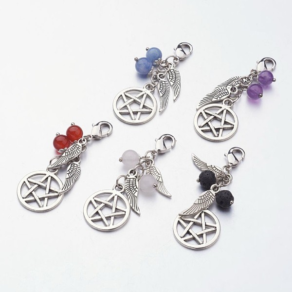 

PandaHall Tibetan Style Gemstone Pendants, with Brass Lobster Claw Clasps, Star with Wing, 50mm Mixed Stone Others