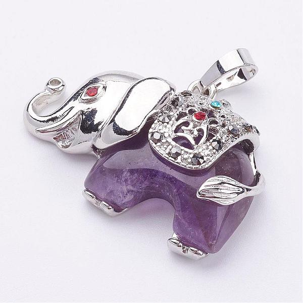 

PandaHall Natural Amethyst Pendants, with Rhinestone and Brass Findings, Elephant, Platinum, 25.5x36.5x10mm, Hole: 5x8mm Amethyst Elephant