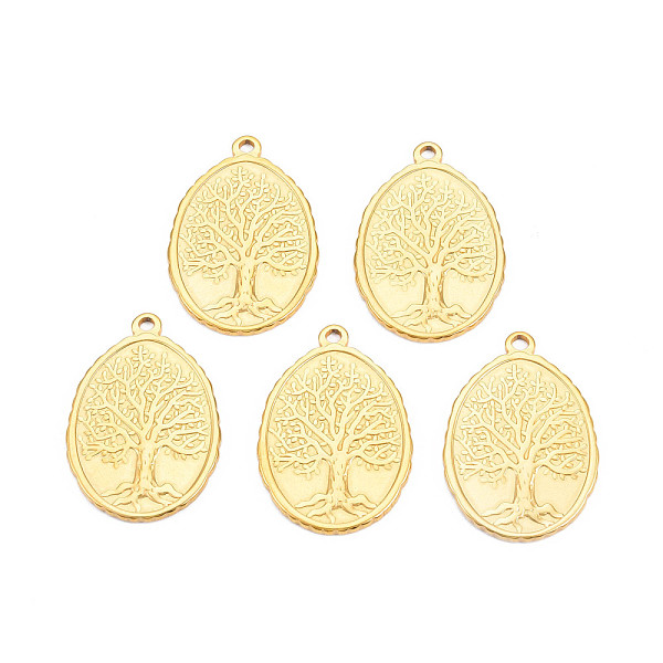 

PandaHall Ion Plating(IP) 201 Stainless Steel Pendants, Oval with Tree of Life, Nickel Free, Real 18K Gold Plated, 30x20.5x1.5mm, Hole...