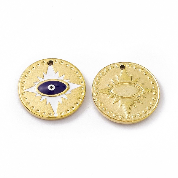 

PandaHall Vacuum Plating 201 Stainless Steel Pendant, with Enamel, Real 18K Gold Plated, Flat Round with Evil Eye Charm, Midnight Blue...