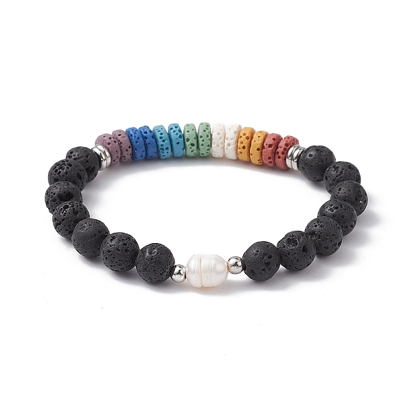 

PandaHall Dyed Natural Lava Rock & Pearl Beaded Strtch Bracelet, Colorful, Inner Diameter: 2-1/2 inch(6.2cm) Lava Rock Multicolor