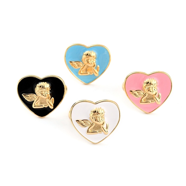 

PandaHall Brass Enamel Cuff Rings, Open Rings, Heart with Angel, Real 18K Gold Plated, Mixed Color, US Size 7 1/4(17.5mm) Brass Multicolor