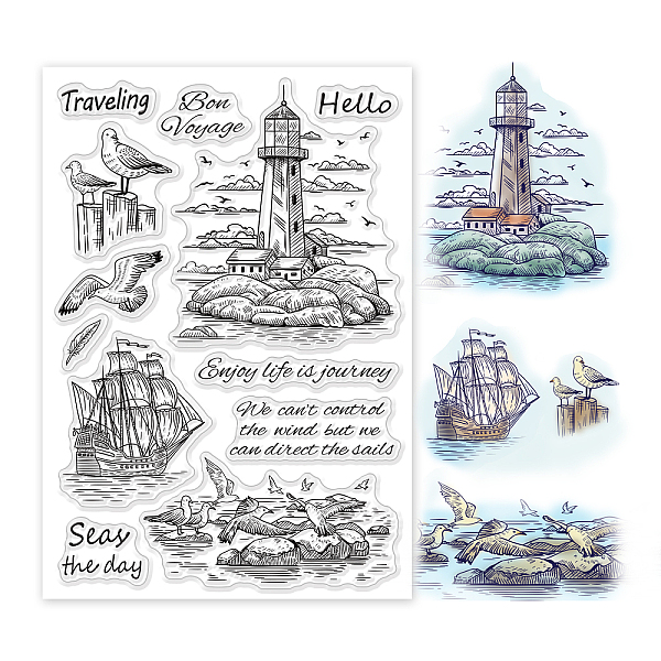 

PandaHall GLOBLELAND Lighthouses Clear Stamps Seagulls Sailboats Sea Background Silicone Clear Stamp Seals for Cards Making DIY Scrapbooking...