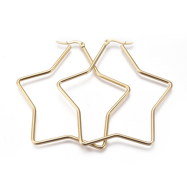 

PandaHall 201 Stainless Steel Hoop Earrings, with 304 Stainless Steel Pin, Hypoallergenic Earrings, Star, Golden, 12 Gauge, 65.5x62x2mm, Pin...