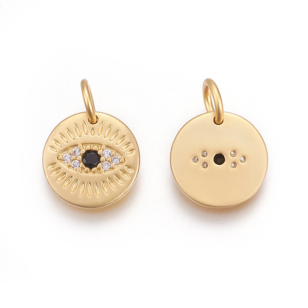 

PandaHall Brass Micro Pave Cubic Zirconia Charms, Lead Free & Cadmium Free, Flat Round with Eye, Black, Matte Gold Color, 10.5x10.5x1.5mm...