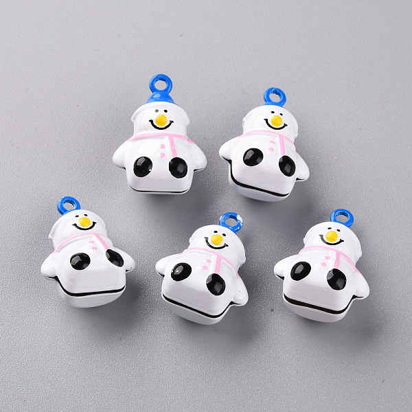 PandaHall Baking Painted Brass Bell Pendants, Christmas Snowman, Pearl Pink, 24x18x13.5mm, Hole: 2mm Brass Others