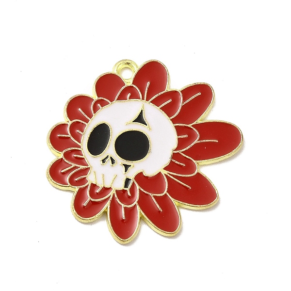 

PandaHall Halloween Alloy Enamel Pendants, Light Gold, Skull with Sunflower Charm, Red, 29x30x1.5mm, Hole: 2mm Alloy+Enamel Skull Red