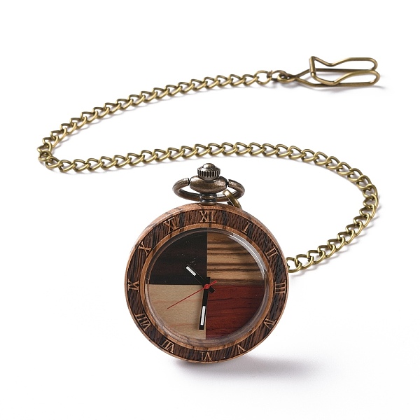 

PandaHall Zebrawood Pocket Watch with Brass Curb Chain and Clips, Roman Numerals Scale Flat Round Electronic Watch for Men, BurlyWood..., Orange