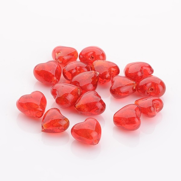 PandaHall Valentine Gifts for Her Ideas Handmade Gold Foil Glass Beads, Heart, Red, 12x12x8mm, Hole: 2mm Gold Foil Heart Red