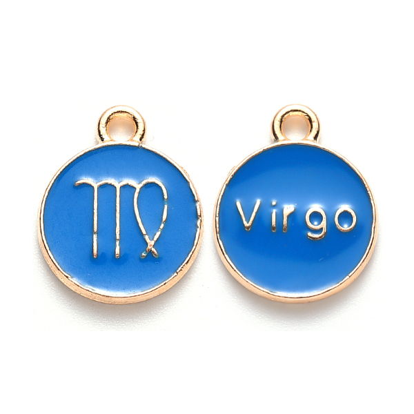 

PandaHall Alloy Enamel Pendants, Cadmium Free & Lead Free, Flat Round with Constellation, Light Gold, Dodger Blue, Virgo, 22x18x2mm, Hole...