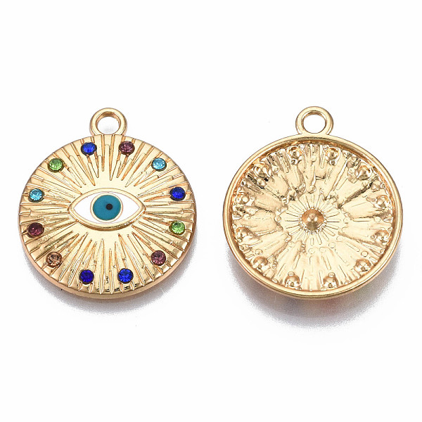 

PandaHall Rack Plating Alloy Enamel Pendants, with Colorful Rhinestone, Cadmium Free & Nickel Free & Lead Free, Flat Round with Evil Eye..., Multicolor