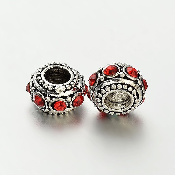 

PandaHall Antique Silver Zinc Alloy Rhinestone Large Hole European Rondelle Beads, Light Siam, 10~12x6mm, Hole: 4.5mm Alloy+Rhinestone..., Red