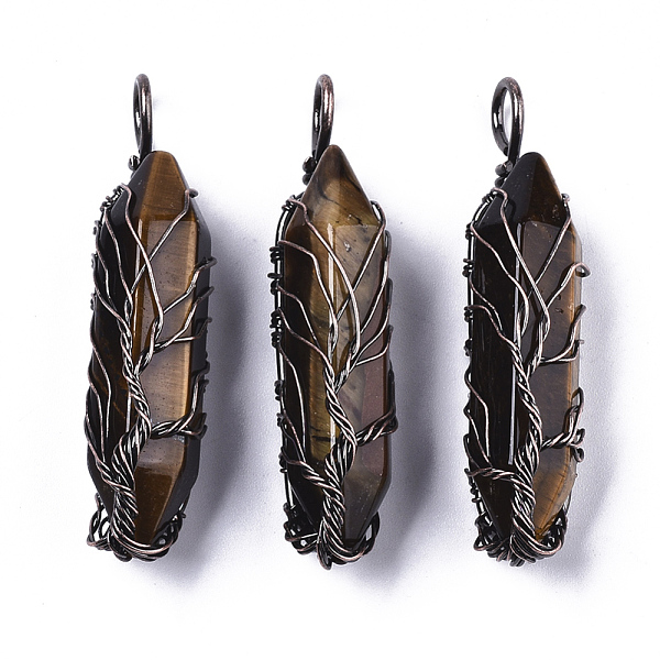 

PandaHall Natural Gemstone Big Wire Wrapped Pendants, with Brass Wires, prismatic with Tree of Life, Red Copper, 48~62x14~17x13~18mm, Hole...
