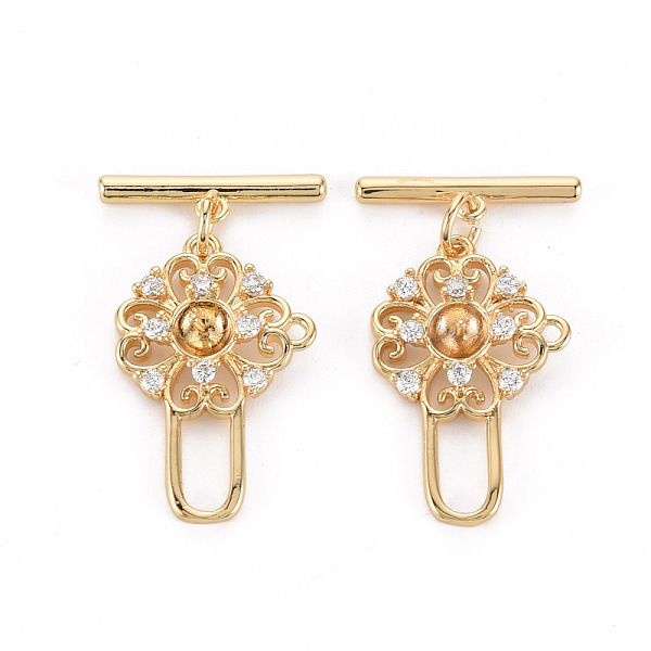 

PandaHall Brass Micro Pave Clear Cubic Zirconia Peg Bails Toggle Clasps, for Half Drilled Bead, Nickel Free, Flower & Bar, Real 18K Gold...