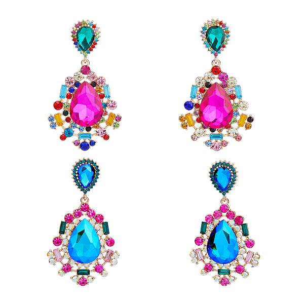 

PandaHall FIBLOOM 2 Pairs 2 Colors Rhinestone Teardrop Dangle Stud Earrings, Golden Alloy Long Drop Earrings for Woman, Mixed Color, 72x40mm..., Multicolor
