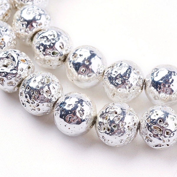 

PandaHall Electroplated Natural Lava Rock Bead Strands, Round, Bumpy, Silver Plated, 8~8.5mm, Hole: 1mm, about 47pcs/strand, 15.35 inch...