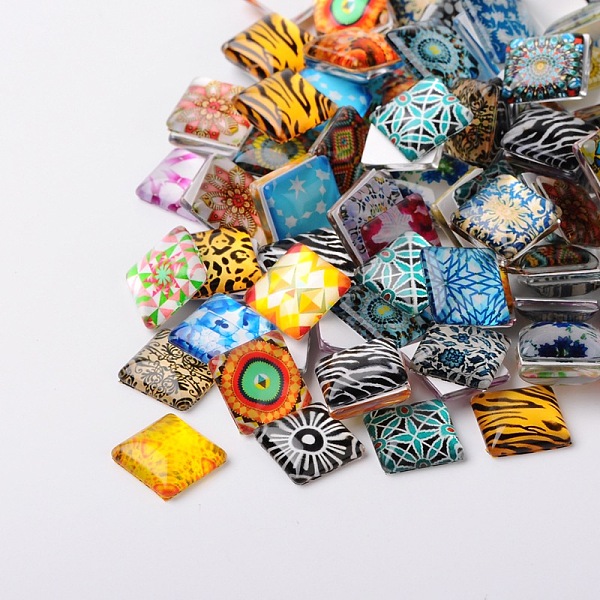 

PandaHall Mosaic Printed Glass Square Cabochons, Mixed Color, 10x10x4mm Glass Square Multicolor