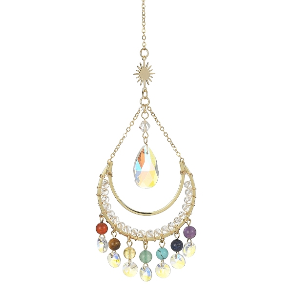 PandaHall Chakra Gemstone & Brass Moon Pendant Decorations, with Glass Teardrop Charm, for Home Decorations, 245mm Mixed Stone Moon