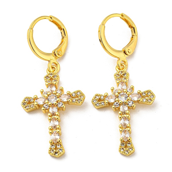 

PandaHall Real 18K Gold Plated Brass Dangle Leverback Earrings, with Glass, Cross, Clear, 38x16mm Brass Cross Clear