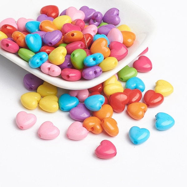 PandaHall Opaque Acrylic Beads, Opaque, Heart, Mixed Color, Size: about 10mm long, 11mm wide, 6mm thick, hole: 2mm Acrylic Leaf Multicolor