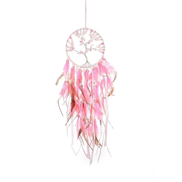

PandaHall Tree of Life Natural Rose Quartz Chip Woven Web/Net with Feather Hanging Ornaments, Iron Ring for Home Living Room Bedroom Wall..., Pink