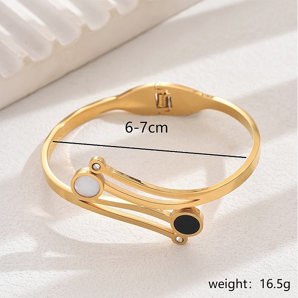 

PandaHall Stylish Stainless Steel Pave Black and White Shell Double Round Hollow Bracelets for Women, Real 18K Gold Plated, Inner Diameter...