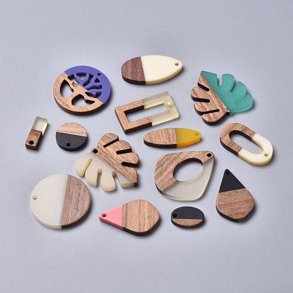 

PandaHall Resin & Wood Pendants, Mixed Shapes, Mixed Color, 15~32x10~27x2.5~3mm, Hole: 1.8mm Resin+Wood Mixed Shapes Multicolor