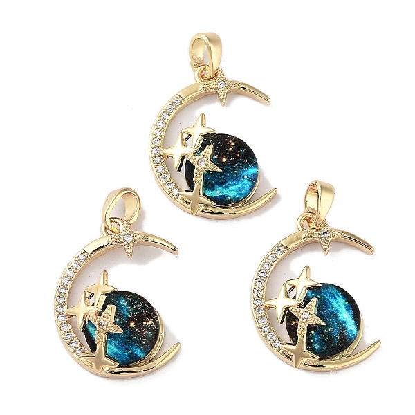 

PandaHall Rack Plating Brass Pave Clear Cubic Zirconia Pendants, Moon with Star Charms with Epoxy Resin, Real 18K Gold Plated, Long-Lasting..., Cyan