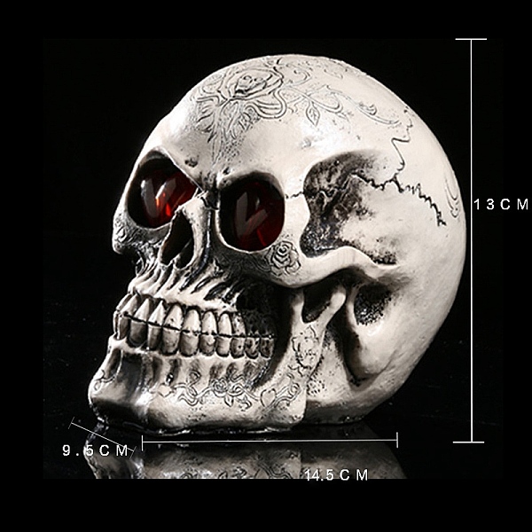 

PandaHall Halloween Bar Decoration, Resin Skull Model Statues, Photography Props, Floral White, 145x95x130mm Resin Skull